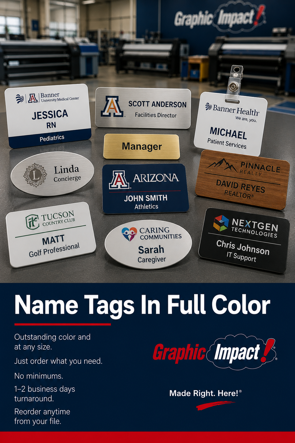 Graphic Impact Custom Signs, Vinyl Banners, Apparel, Promotional Specialties and Awards in Tucson, Arizona 10 Name Tags