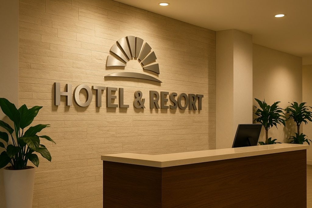 Modern hotel and resort reception area featuring a sleek sign and logo on a textured wall, with welcoming lighting and decorative plants, creating an inviting atmosphere.