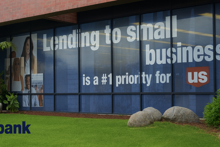 Mesh Banners on Windows.  Tinted Look From the Inside of Bank.