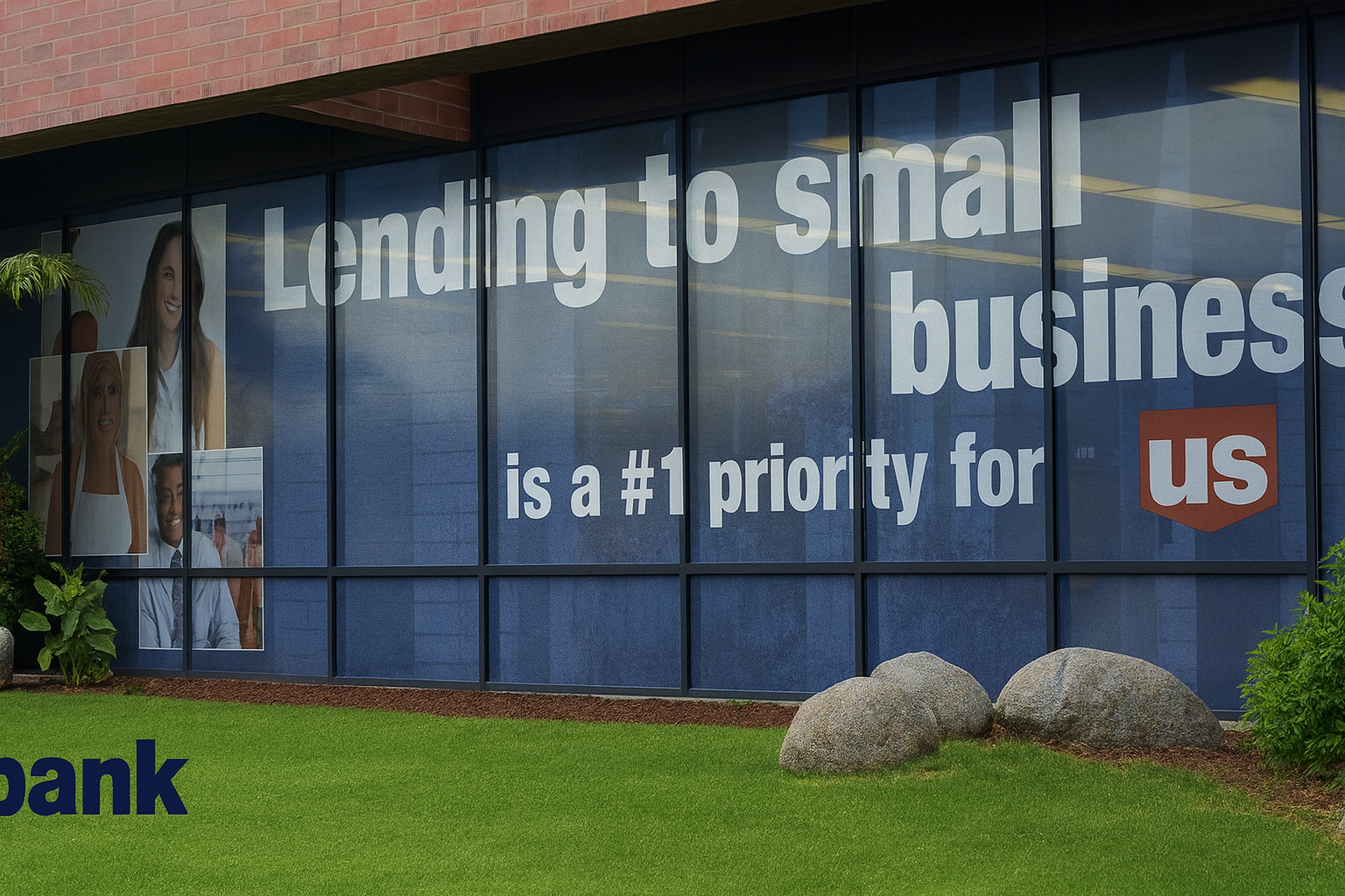 Mesh Banners on Windows.  Tinted Look From the Inside of Bank.