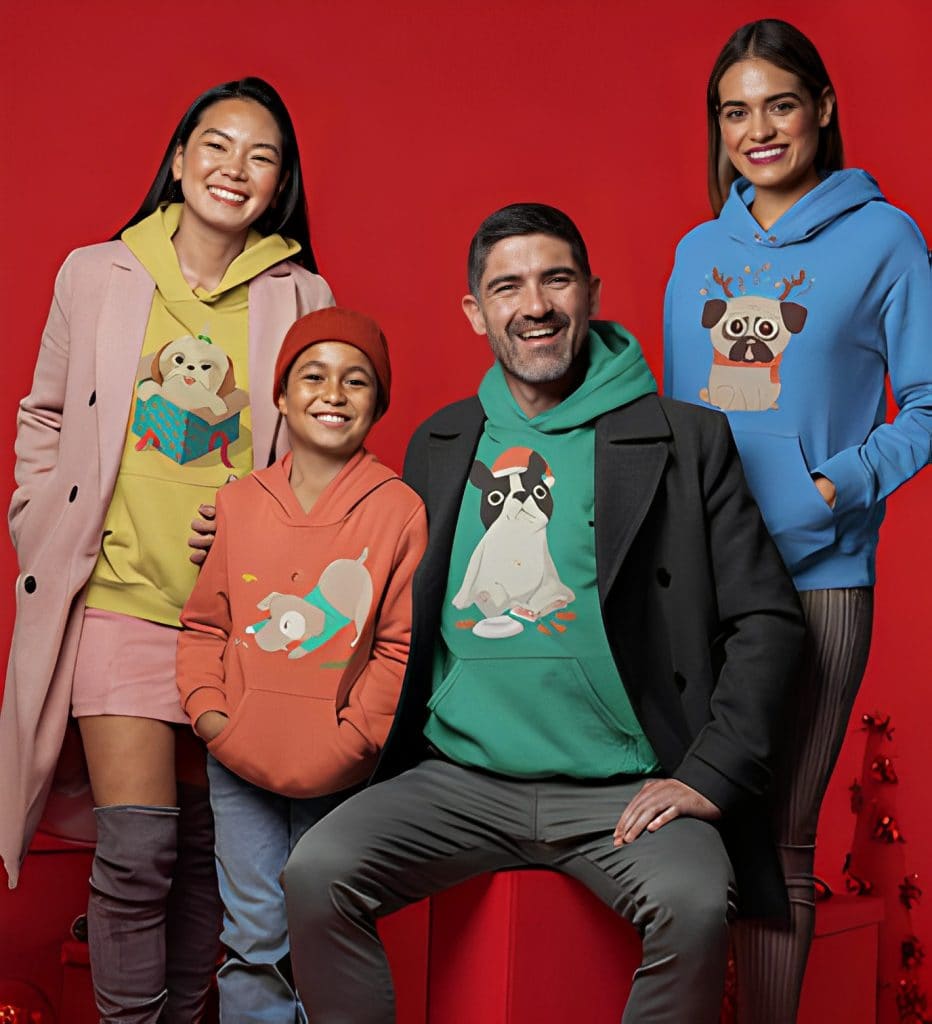 Brightly dressed group of people wearing festive, animal-themed hoodies featuring dogs and cats, standing against a vibrant red background showcasing holiday spirit and customized apparel.