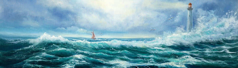 Vivid ocean scene featuring crashing waves, a small sailboat, and a lighthouse in the distance under a cloudy sky.