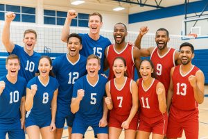 Cheerful volleyball team celebrating victory in indoor gym with arms raised and smiles, wearing blue and red uniforms, showcasing team spirit and athleticism.