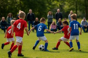Kids playing soccer on a lush green field with spectators watching in the background, showcasing youth sports activities and community engagement.