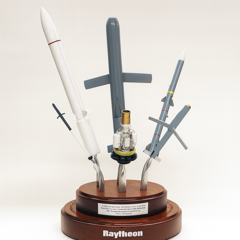 Aerospace model rockets and missiles displayed on a wooden base, representing engineering and innovation.
