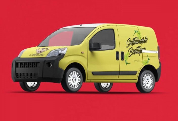 Bright yellow commercial van featuring custom vinyl graphics for a sustainable boutique, showcasing eco-friendly branding with nature-inspired design elements, ideal for promotional business use.