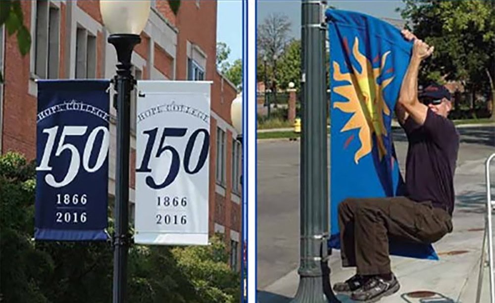 Bold and colorful banners celebrating 150 years, along with a person installing custom flags, showcasing professional sign and banner printing services.