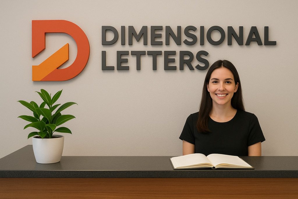 Vibrant 3D dimensional letter sign on office wall with company logo and name, modern decor with potted plant and welcoming receptionist.
