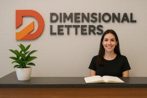 Vibrant 3D dimensional letter sign on office wall with company logo and name, modern decor with potted plant and welcoming receptionist.