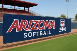 Arizona softball banner hanging on a chain-link fence at a sports field.