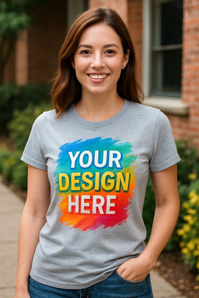Ladies Tees! No Set-Up, No Minimums 1-2 Business Day Delivery. 1 Bright smile woman wearing a customizable t-shirt with colorful painted background for personalized design or branding, outdoor outdoor setting.