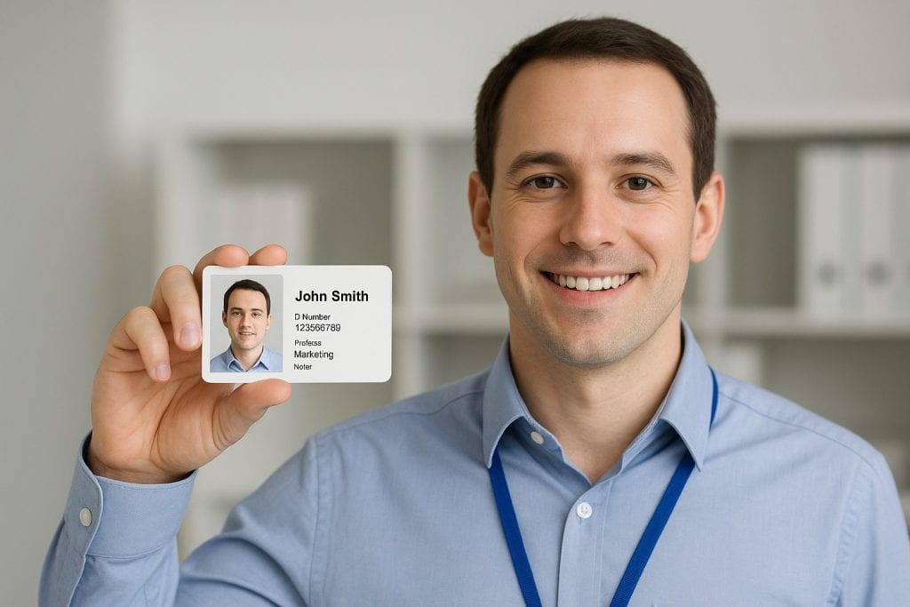 ID badge featuring a professional man with name "John Smith" and "Marketing" title, held up for display in a corporate or office environment.