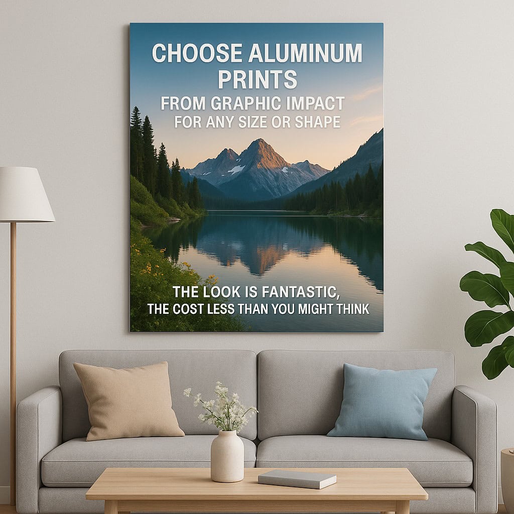 Vibrant mountain landscape poster with lake reflections, suitable for custom signs and banners, highlighting versatility in outdoor-themed graphic printing by Graphic Impact.