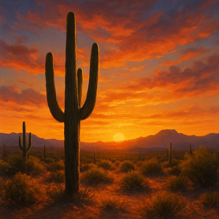 Vast desert landscape with towering saguaro cacti at sunset, colorful sky with orange and pink hues, mountains in the distance, capturing the serene beauty of the southwestern wilderness.