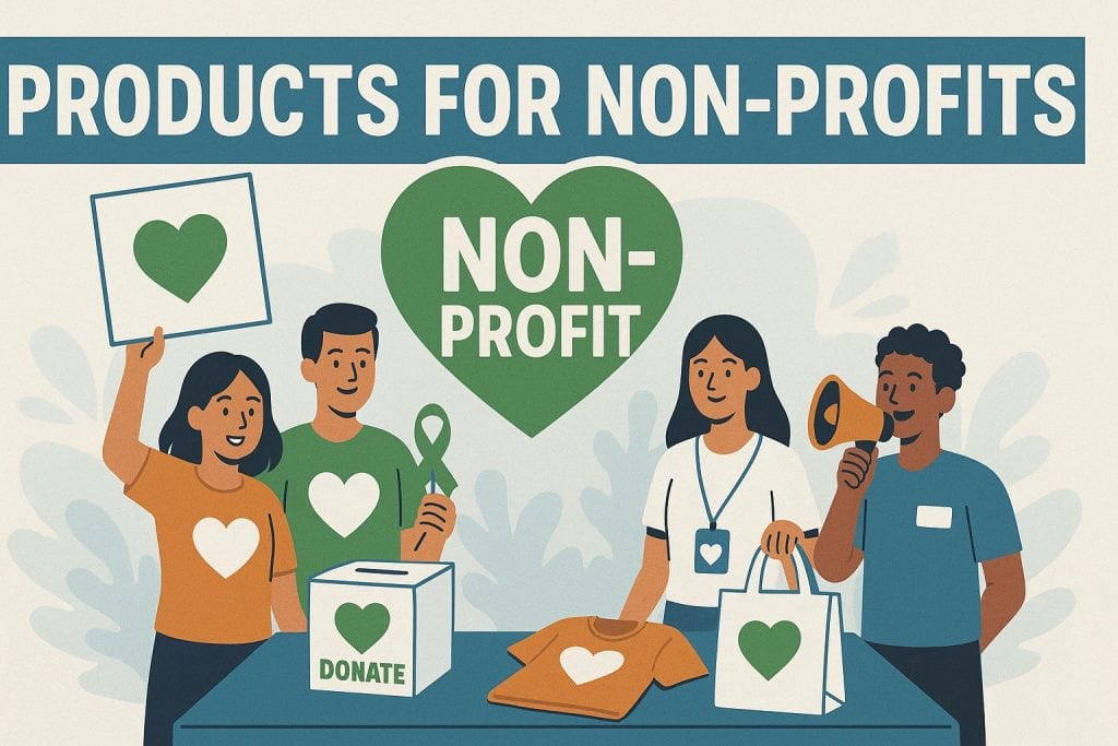 A colorful illustration of diverse non-profit volunteers promoting donations and awareness with signs, T-shirts, and bags featuring hearts.
