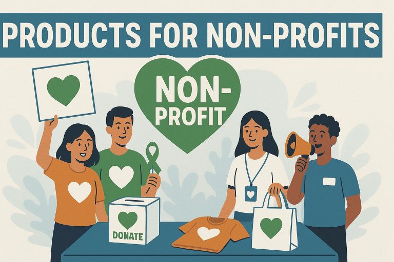 A colorful illustration of diverse non-profit volunteers promoting donations and awareness with signs, T-shirts, and bags featuring hearts.