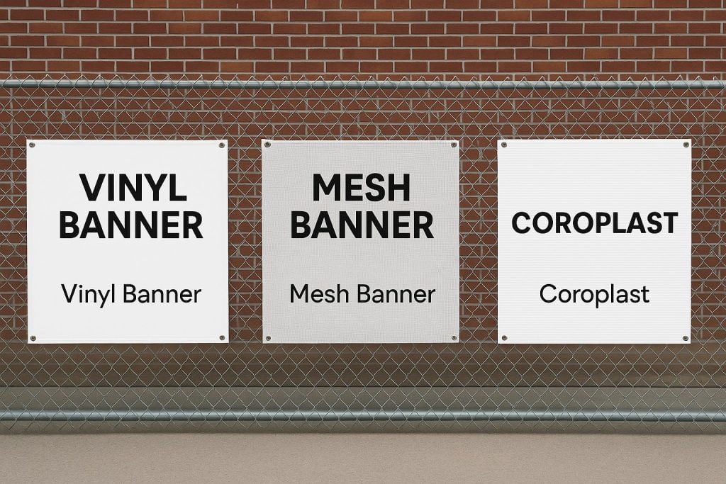 Vinyl banner, mesh banner, and coroplast signs displayed on a chain-link fence against a brick wall. Custom signage options including vinyl, mesh, and coroplast for various advertising needs.