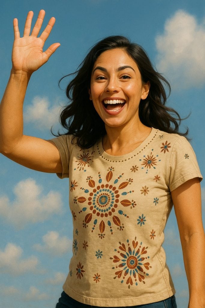 Smiling woman outdoors raising hand, joyful expression against blue sky with clouds, showcasing happiness and energy, casual beige t-shirt with colorful floral patterns.