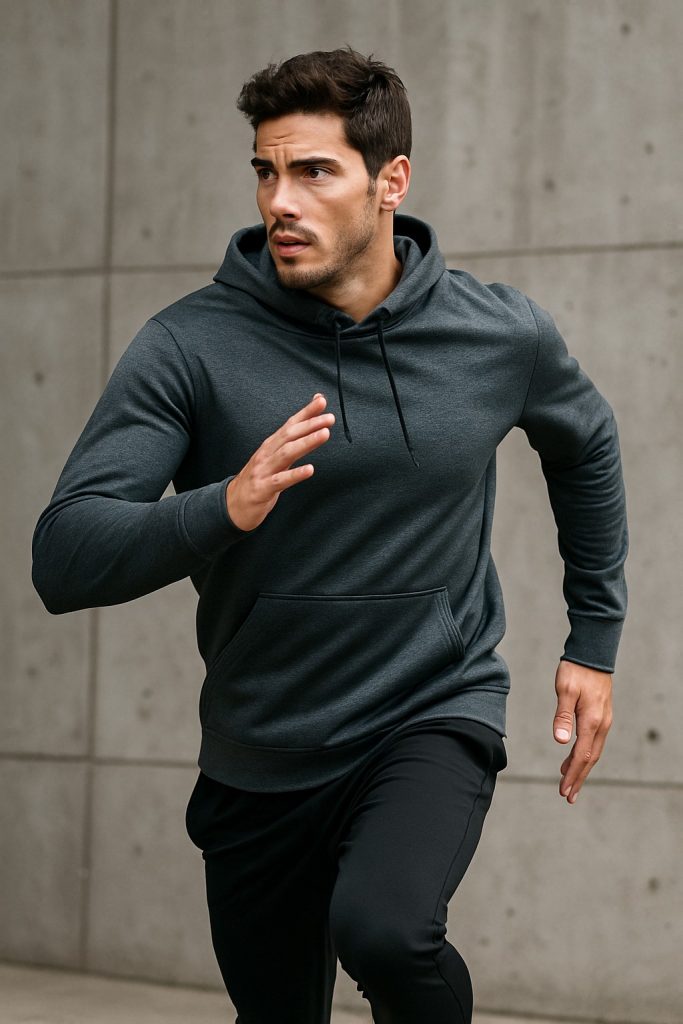 Running man in dark gray hoodie and black athletic pants outdoors against concrete wall.