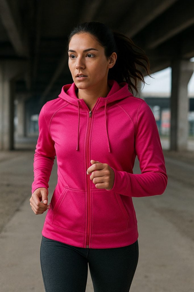 Bright pink zip-up athletic hoodie on a woman running outdoors under a bridge.