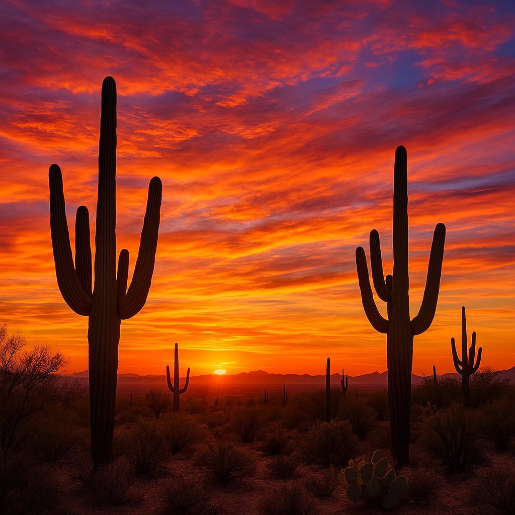 Colorful desert sunset scene featuring towering saguaro cacti against a vibrant orange, pink, and purple sky in a southwestern landscape.