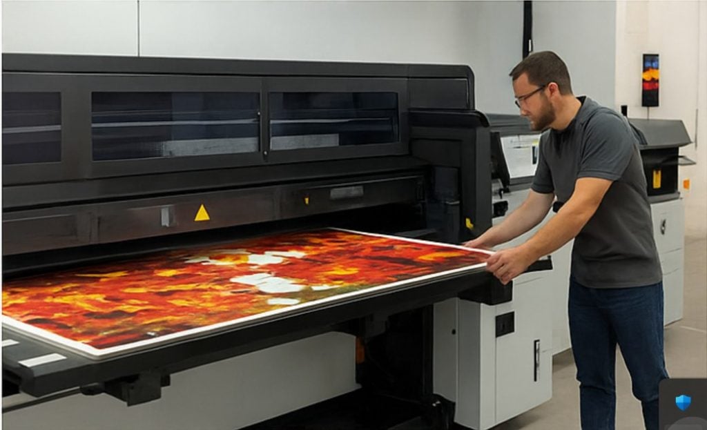 High-quality large-format printing process on a professional printer at Graphic Impact, specializing in signs, banners, engraving, and apparel customization.