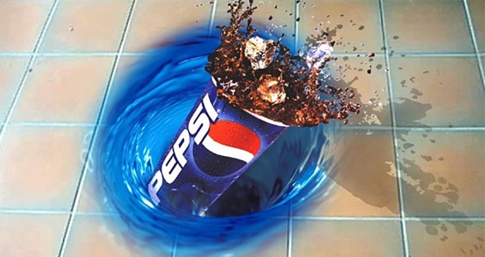 Pepsi soda can splashing into tiled floor, creating spray and water ripple effect.