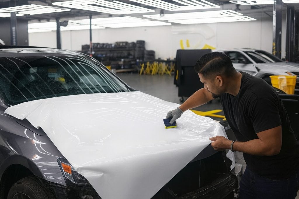Blank vehicle wrap being applied to a car in an auto graphics workshop.