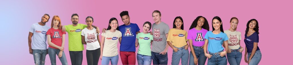 Vibrant diverse group of young adults showcasing custom T-shirts and apparel with bold graphics and logos for promotional or team apparel.