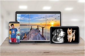 High-resolution digital display showcasing vibrant custom signs, banners, and engraved artwork for personalized branding and decor.