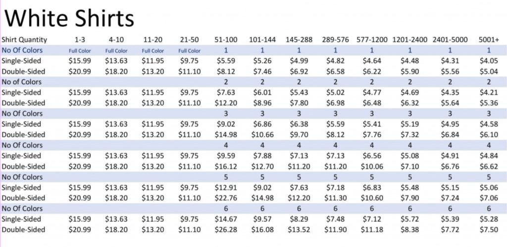 White shirts price chart for various quantities and options, including full color, single-sided, double-sided, and no color choices, with pricing details for bulk orders.
