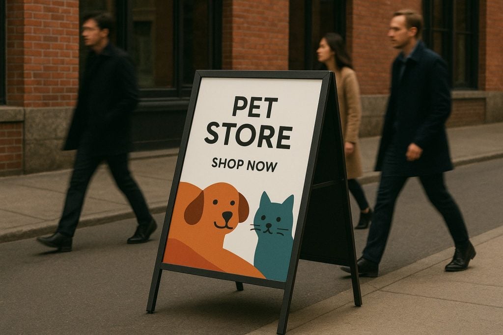 Using An A-Frame Sign To Gain A Marketing Advantage 1 Dog and cat pet store signboard with "Shop Now" message, showcasing custom signs for pet businesses, on a busy city sidewalk.