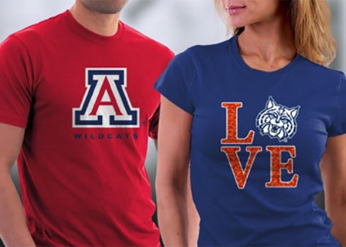 Custom university and sports apparel featuring screen-printed team logos and designs, perfect for fans and students. High-quality, vibrant t-shirts personalized with school spirit and mascot graphics.