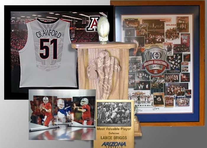 Crawford 51 Arizona Wildcats basketball jersey, framed team collage, and memorabilia showcasing legendary player achievements and team history.
