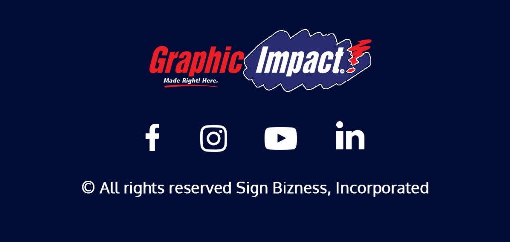 Graphic Impact logo with social media icons and copyright notice.