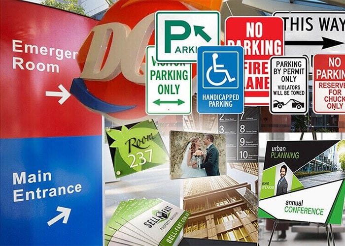 Parking and directional signs for various facilities including handicapped parking, emergency rooms, and no parking zones. Promotional signage for an event or conference with images of a wedding and urban planning.