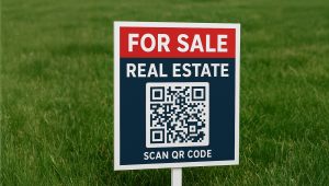 High-visibility "For Sale" real estate sign with QR code on green grass, perfect for property marketing and digital engagement.