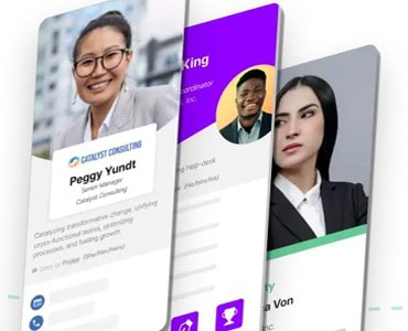 Bright professional portraits of diverse individuals displayed on digital screens, showcasing custom signs, banners, and engraved apparel designs at Graphic Impact.