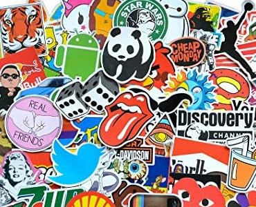 Colorful assortment of stickers featuring popular characters, logos, and designs for custom signs, banners, engraving, and apparel decoration. Perfect for personalizing and branding various items.