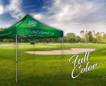 Custom green golf tournament tent with branding for outdoor events and promotions.