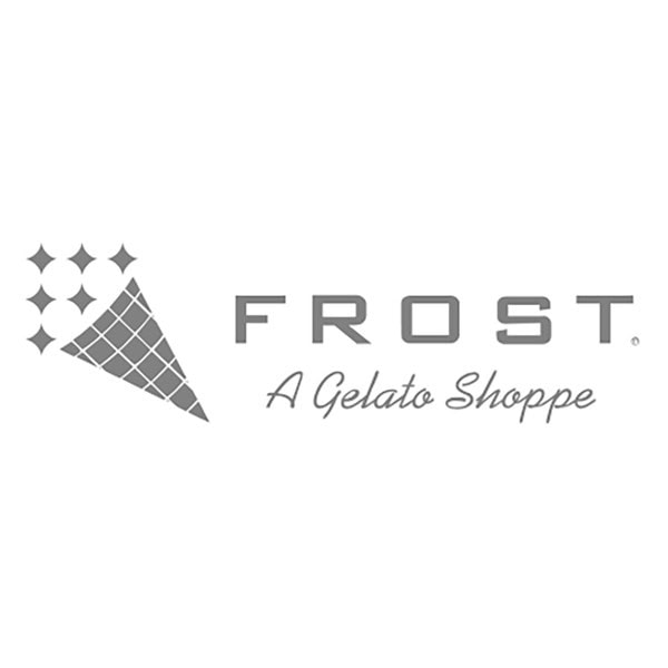 Frost gelato shop logo, ice cream cone graphic with sparkles, modern and clean design in grayscale, representing branding for Frost: A Gelato Shoppe.
