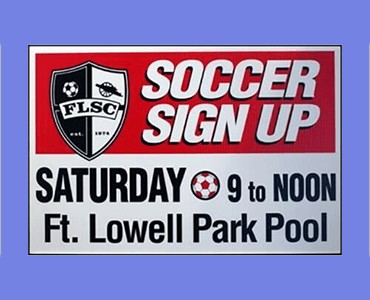 Vibrant red and black soccer sign promoting Saturday event at Ft. Lowell Park Pool with bold lettering and sports graphics.
