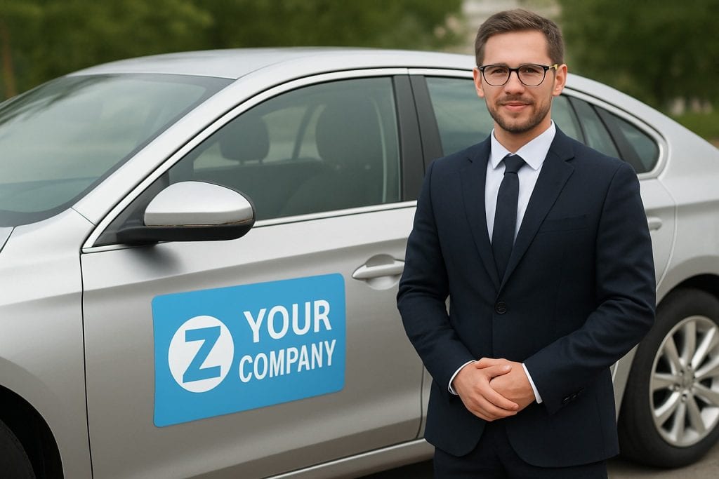 Vehicle with company branding for promotional purposes, featuring a professional man in business attire standing beside the car outdoors.
