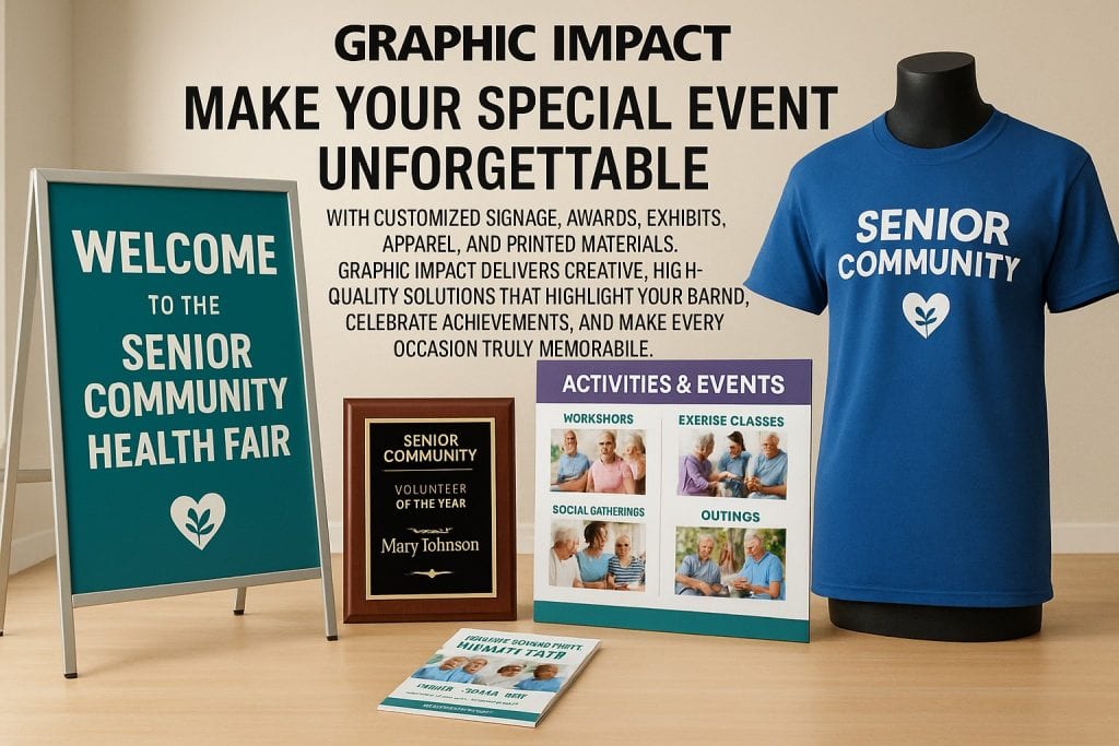 Premium custom signs, banners, apparel, and engraving services from Graphic Impact to enhance your events and community programs. High-quality materials designed for unforgettable impressions.