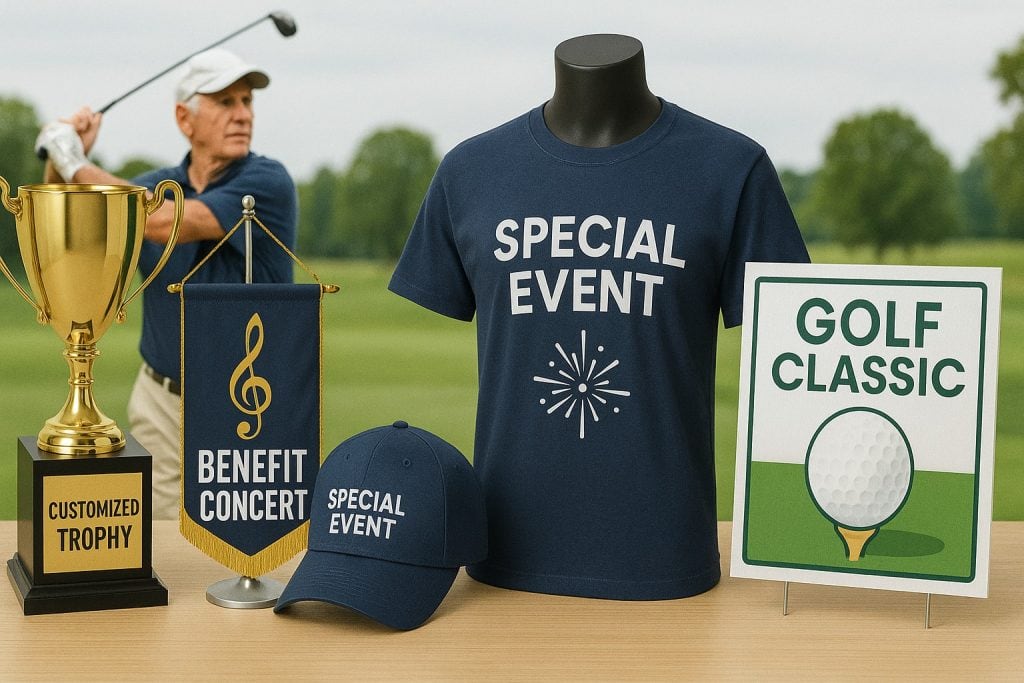 Golf event promotional materials displayed.