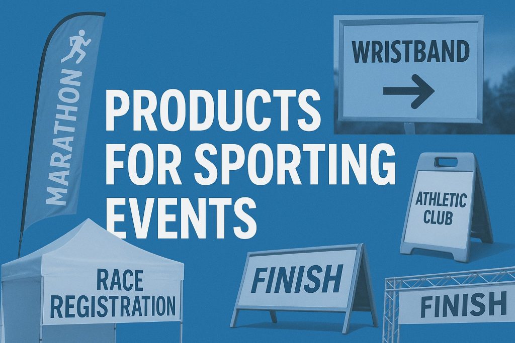 Bright blue event signage display with race registration, finish line, and directional signs for sporting events, engraved signs, and banners from Graphic Impact.
