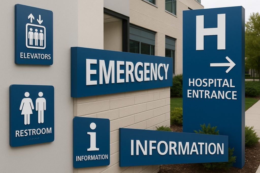 Elevator and restroom signs with blue background and white icons and text, providing directions to hospital facilities and emergency services at a modern healthcare facility.