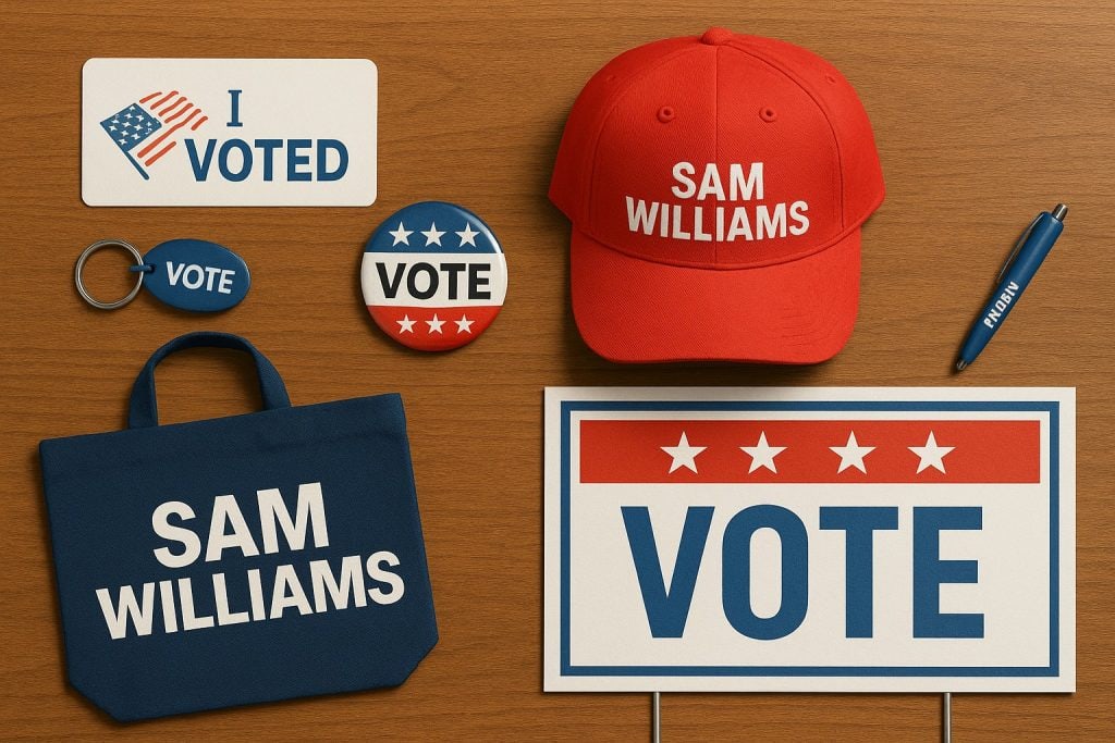 Bright red "Sam Williams" campaign cap, "Vote" buttons, tote bag, keychain, sticker, and sign promoting voting and political support, set on a wooden surface, emphasizing election campaign merchandise and promotional materials.