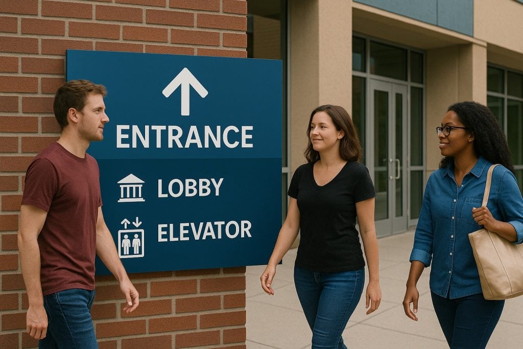 Signage board indicating entrance, lobby, and elevator directions outside a modern building.