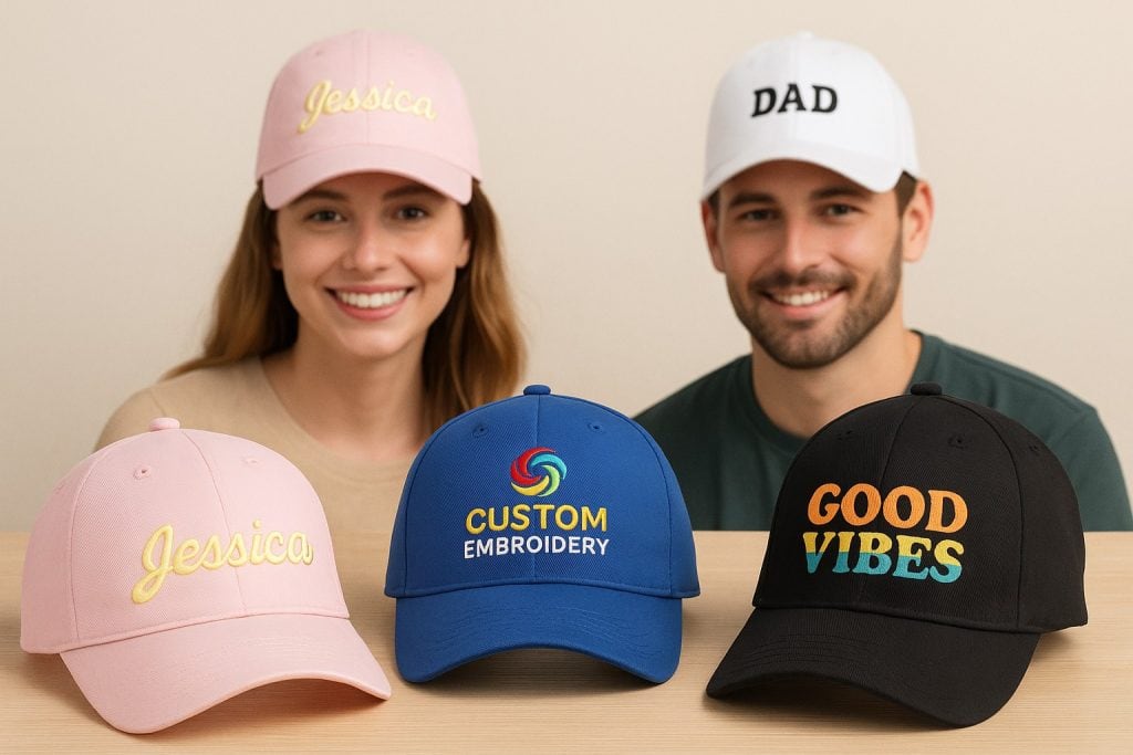 Personalized Caps with No Minimum 1 Embroidered personalized caps with custom text and vibrant designs, suitable for promotional, corporate, or casual wear, displayed on a wooden table.